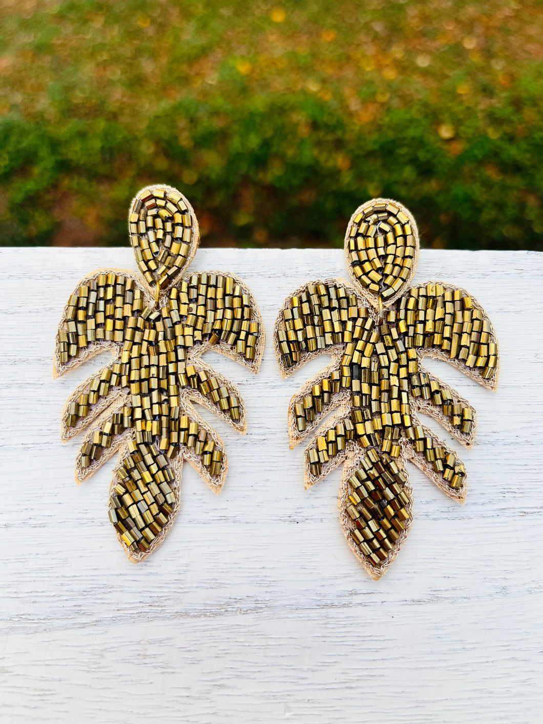 Palm Leaf Gold Beaded Statement Earrings/ tropical/ plants/ floral/ ocean/ beach