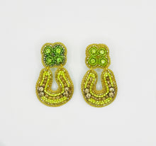 Load image into Gallery viewer, Horseshoe Beaded Statement Earrings/ saint patricks day/ green/ luck of the Irish
