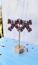 Load image into Gallery viewer, Pink Bows Jeweled Statement Earrings/ fantasy/ Disney/ princess/ valentines day/ love/ friendship
