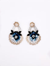 Load image into Gallery viewer, Floral Boho Statement Earrings Blue, Black and Tan/ flowers
