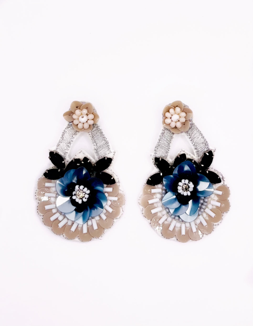 Floral Boho Statement Earrings Blue, Black and Tan/ flowers