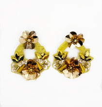 Load image into Gallery viewer, Floral Shiny Gold Beaded Statement Earrings/ flowers/ holiday/ christmas
