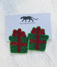 Load image into Gallery viewer, Christmas Gift Box Beaded Statement Earrings/ holiday/ winter/ red and green
