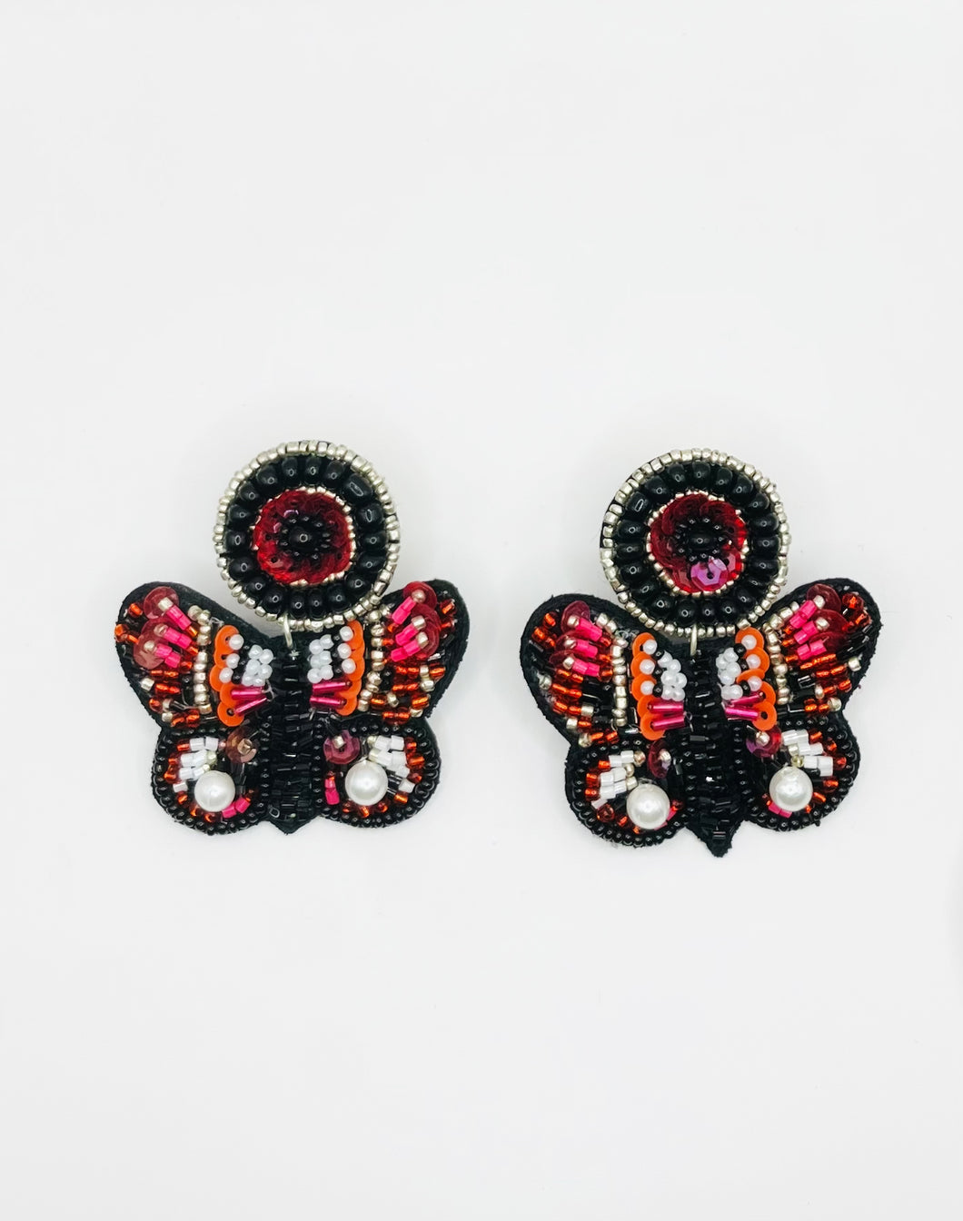 Butterfly Black and Pink Beaded Statement Earrings/ Animals