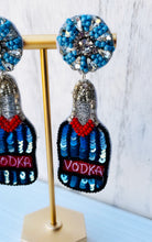 Load image into Gallery viewer, Vodka Bottle Beaded and Sequin Statement Earrings/ alcohol/ party/ celebrate/ cheers/ girls trip/ girls night out/ blue
