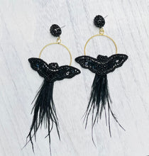 Load image into Gallery viewer, Black Beaded and Feather Bat Earrings/ Halloween/ Fall/ Spooky
