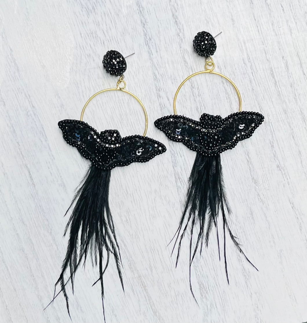 Black Beaded and Feather Bat Earrings/ Halloween/ Fall/ Spooky