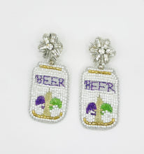 Load image into Gallery viewer, Mardi Gras Beer Can Beaded Statement Earrings/ new Orleans/ Louisiana/ Jazz Fest/ LSU
