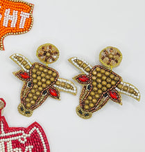 Load image into Gallery viewer, Texas Longhorn Beaded Statement Earrings/ game day/ tailgate fashion/ animals
