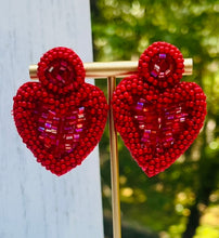 Load image into Gallery viewer, Red Heart Beaded Statement Earrings/ Valentines Day/ love/ friendship
