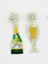 Load image into Gallery viewer, Champagne Glass and Bottle Gold and Green Beaded Statement Earrings &quot;Champs&quot;/ alcohol/ new years eve/ celebrate/ party
