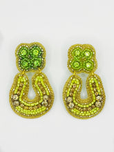 Load image into Gallery viewer, Horseshoe Beaded Statement Earrings/ saint patricks day/ green/ luck of the Irish
