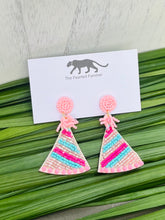 Load image into Gallery viewer, Birthday Hat Pink and Blue Beaded Statement Earrings
