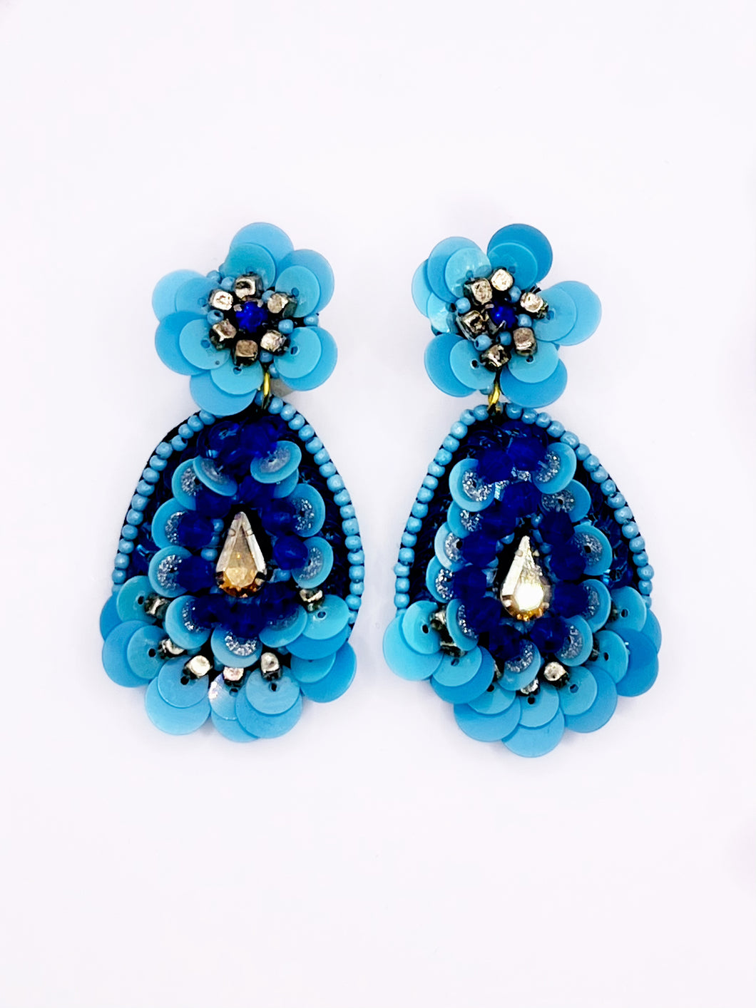 Floral Boho Beaded Statement Earrings/ Blue/ flowers