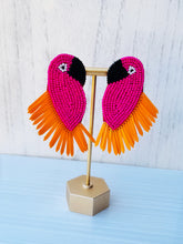 Load image into Gallery viewer, Pink and Orange Parrot Beaded Fringe Statement Earrings/ animals/ birds/ tropical/ beach/ holiday/ ocean/ rain forest
