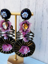 Load image into Gallery viewer, Floral Purple and Pink Beaded Statement Earrings/ flowers
