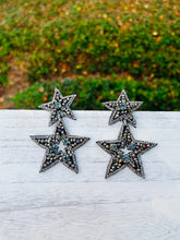 Load image into Gallery viewer, Silver Star Beaded Statement Earrings/ celestial/ fantasy/ rock star

