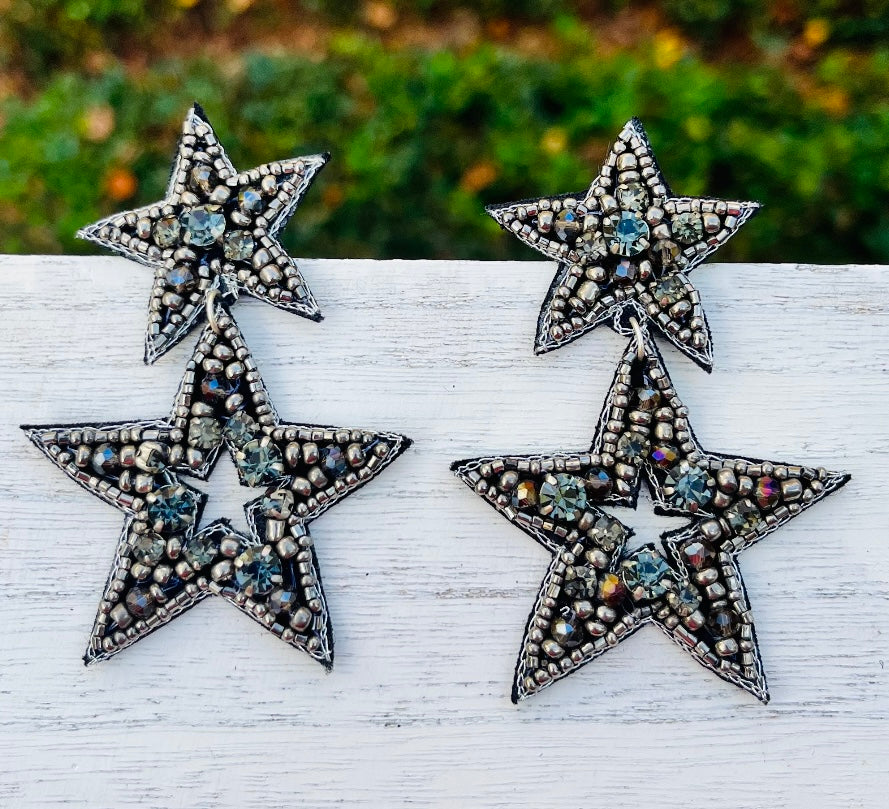 Silver Star Beaded Statement Earrings/ celestial/ fantasy/ rock star