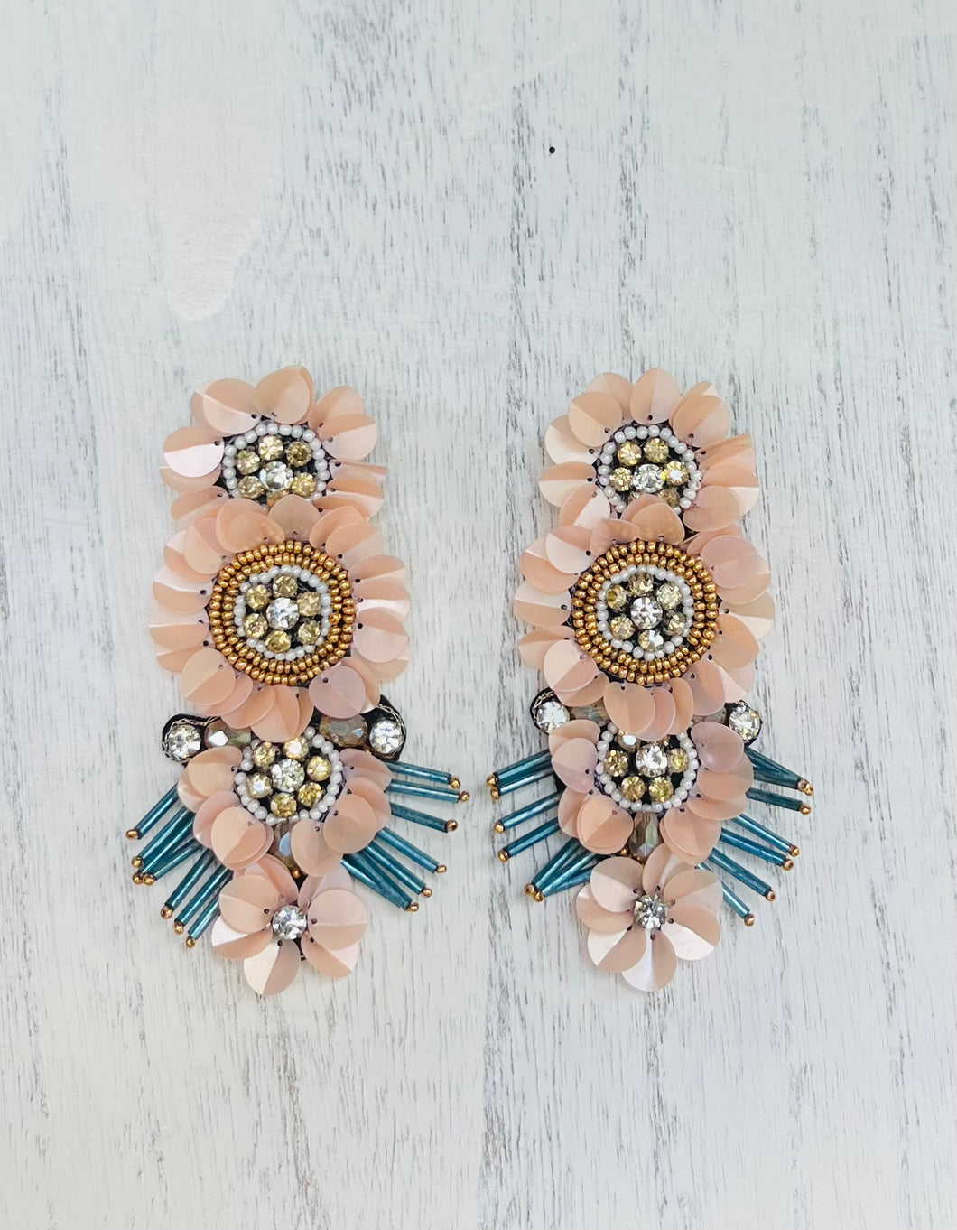 Floral Light Pink Beaded Statement Earrings