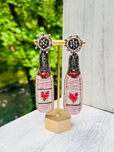 Load image into Gallery viewer, Pink Heart Bottle Beaded Statement Earrings/ love/ valentines day/ friendship/ alcohol/ celebrate/ party
