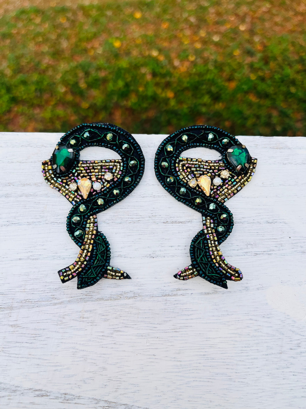 Snake and Martini Glass Beaded Statement Earrings/ green and gold/ alcohol/ new years eve/ animals