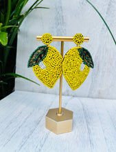 Load image into Gallery viewer, Lemon Beaded Statement Earrings/ yellow/ citrus/ summer/ fruit/ food
