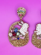 Load image into Gallery viewer, Easter Basket with Bunny and Candy Beaded Statement Earrings/ Rabbit/ Spring/ Gold
