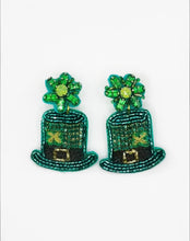 Load image into Gallery viewer, Saint Patrick’s Day Green Leprechaun Top Hat Beaded Earrings.
