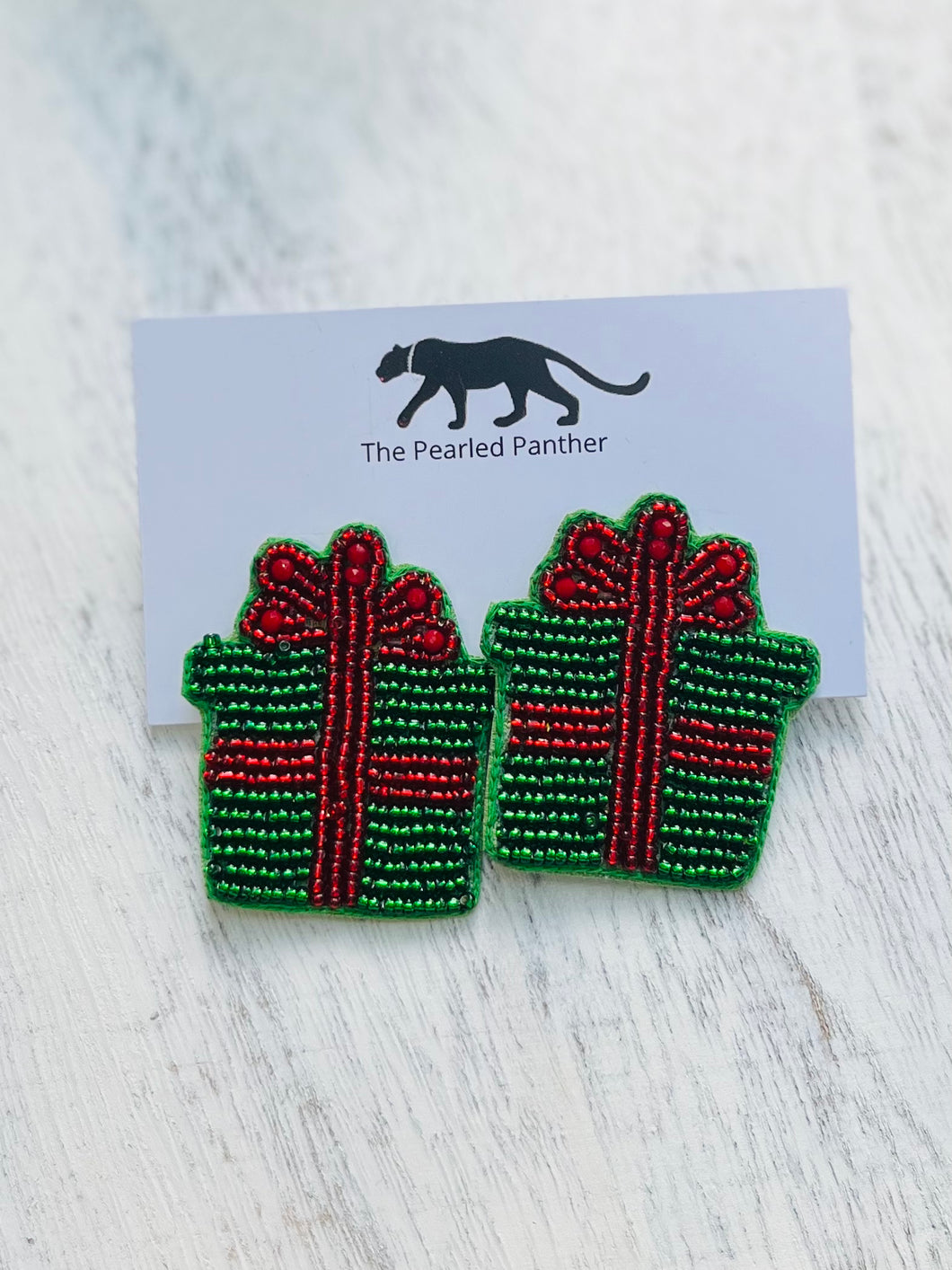 Christmas Gift Box Beaded Statement Earrings/ holiday/ winter/ red and green