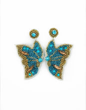 Load image into Gallery viewer, Butterfly Light Blue Beaded Dangle Statement Earrings/ Animals
