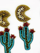 Load image into Gallery viewer, Cactus and Gold Moon Beaded Statement Earrings/ Western Style/ Yellowstone
