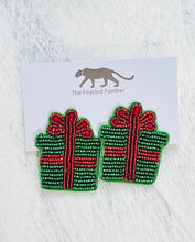 Load image into Gallery viewer, Christmas Gift Box Beaded Statement Earrings/ holiday/ winter/ red and green
