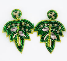 Load image into Gallery viewer, Palm Leaf Green and Pink Beaded Statement Earrings/ plants/ ocean/ beach/ holiday/ tropical
