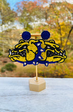 Load image into Gallery viewer, Bulldog Statement Earrings Beaded Blue and Gold/ Tailgate Fashion/ Game Day
