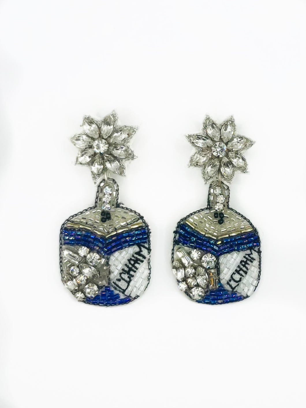 Hanukkah Dreidel Beaded Statement Earrings/ “L Chaim”/ blue