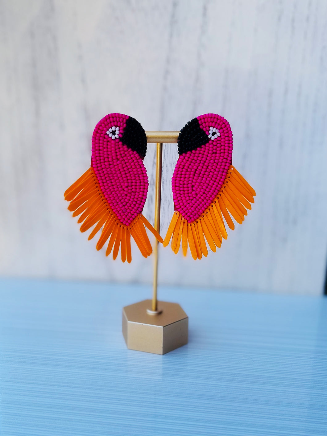 Pink and Orange Parrot Beaded Fringe Statement Earrings/ animals/ birds/ tropical/ beach/ holiday/ ocean/ rain forest